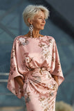 Floral Dusty Rose Satin Sheath Maxi Mother of the Bride Dress with Cape Sleeves