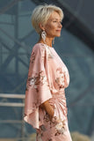 Floral Dusty Rose Satin Sheath Maxi Mother of the Bride Dress with Cape Sleeves