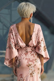 Floral Dusty Rose Satin Sheath Maxi Mother of the Bride Dress with Cape Sleeves