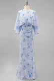 Dusty Rose Floral Chiffon Sheath Maxi Mother of the Bride Dress with Cape Sleeves