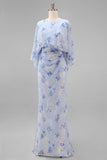 Dusty Rose Floral Chiffon Sheath Maxi Mother of the Bride Dress with Cape Sleeves