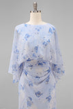 Dusty Rose Floral Chiffon Sheath Maxi Mother of the Bride Dress with Cape Sleeves