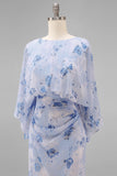 Dusty Rose Floral Chiffon Sheath Maxi Mother of the Bride Dress with Cape Sleeves