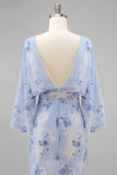 Dusty Rose Floral Chiffon Sheath Maxi Mother of the Bride Dress with Cape Sleeves