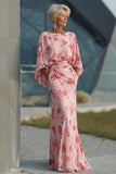 Dusty Rose Floral Chiffon Sheath Maxi Mother of the Bride Dress with Cape Sleeves