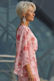 Dusty Rose Floral Chiffon Sheath Maxi Mother of the Bride Dress with Cape Sleeves