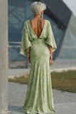 Sage Green Jacquard Sheath Maxi Mother of the Bride Dress with Cape Sleeves