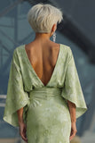Sage Green Jacquard Sheath Maxi Mother of the Bride Dress with Cape Sleeves