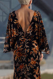 Peacock Blue Velvet Burnout Sheath Maxi Mother of the Bride Dress with Cape Sleeves
