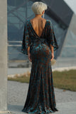 Peacock Blue Velvet Burnout Sheath Maxi Mother of the Bride Dress with Cape Sleeves