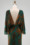 Peacock Blue Velvet Burnout Sheath Maxi Mother of the Bride Dress with Cape Sleeves