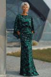 Peacock Blue Velvet Burnout Sheath Maxi Mother of the Bride Dress with Cape Sleeves