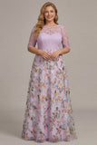 Dusty Rose Floral A Line Illusion Neck Long Mother Of the Bride Dress