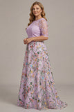 Dusty Rose Floral A Line Illusion Neck Long Mother Of the Bride Dress