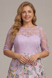 Dusty Rose Floral A Line Illusion Neck Long Mother Of the Bride Dress