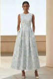 Blue Floral A Line Midi Wedding Guest Dress with Pockets