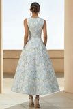 Blue Floral A Line Midi Wedding Guest Dress with Pockets