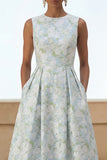 Blue Floral A Line Midi Wedding Guest Dress with Pockets