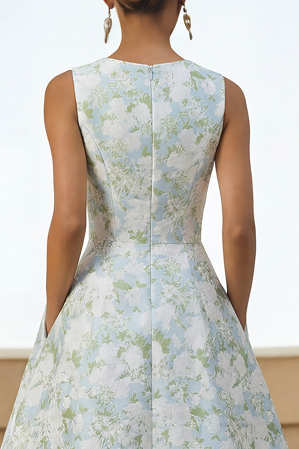 Wedtrend Women Blue Floral Wedding Guest Dress with Pockets Round Neck