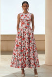 Pink Floral A Line Midi Wedding Guest Dress with Pockets