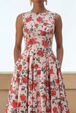 Pink Floral A Line Midi Wedding Guest Dress with Pockets