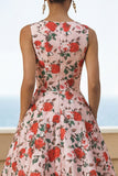 Pink Floral A Line Midi Wedding Guest Dress with Pockets