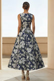 Navy Flower Round Neck A Line Midi Wedding Guest Dress with Pockets