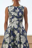 Navy Flower Round Neck A Line Midi Wedding Guest Dress with Pockets