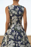 Navy Flower Round Neck A Line Midi Wedding Guest Dress with Pockets