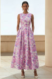 Lilac Floral A Line Round Neck Midi Wedding Guest Dress with Pockets