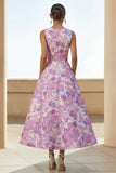 Lilac Floral A Line Round Neck Midi Wedding Guest Dress with Pockets