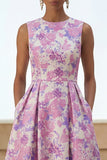 Lilac Floral A Line Round Neck Midi Wedding Guest Dress with Pockets