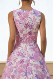 Lilac Floral A Line Round Neck Midi Wedding Guest Dress with Pockets