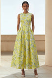 Floral A Line Yellow Midi Wedding Guest Dress with Pockets