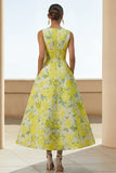 Floral A Line Yellow Midi Wedding Guest Dress with Pockets