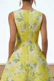Floral A Line Yellow Midi Wedding Guest Dress with Pockets