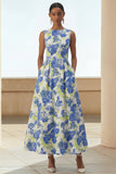 Blue Daffodil Flower A Line Midi Wedding Guest Dress with Pockets