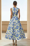 Blue Daffodil Flower A Line Midi Wedding Guest Dress with Pockets