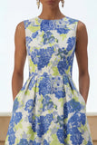 Blue Daffodil Flower A Line Midi Wedding Guest Dress with Pockets