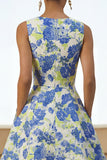 Blue Daffodil Flower A Line Midi Wedding Guest Dress with Pockets