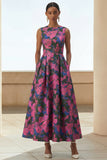 Fuchsia Floral A Line Round Neck Wedding Guest Dress with Pockets