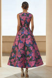 Fuchsia Floral A Line Round Neck Wedding Guest Dress with Pockets