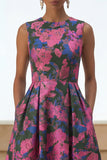 Fuchsia Floral A Line Round Neck Wedding Guest Dress with Pockets