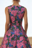 Fuchsia Floral A Line Round Neck Wedding Guest Dress with Pockets