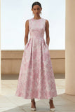 Floral Pink Brocade A Line Midi Wedding Guest Dress with Pockets