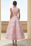 Floral Pink Brocade A Line Midi Wedding Guest Dress with Pockets