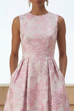 Floral Pink Brocade A Line Midi Wedding Guest Dress with Pockets