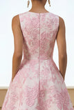 Floral Pink Brocade A Line Midi Wedding Guest Dress with Pockets