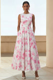 Floral White A Line Midi Wedding Guest Dress with Pockets