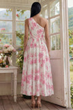 One Shoulder White A Line Floral Wedding Guest Dress